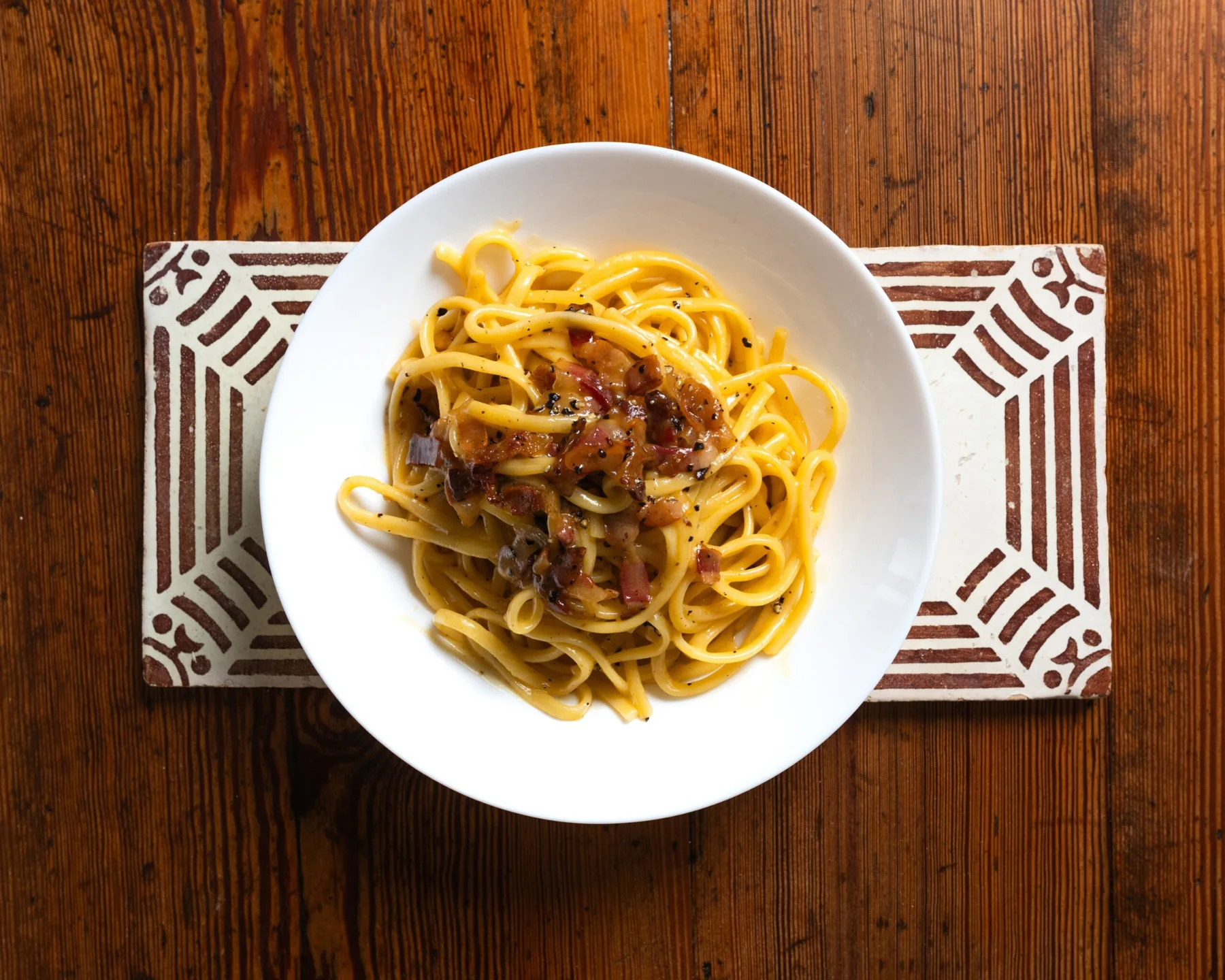 Fresh homemade carbonara at Aqafarina Osteria in Cascais